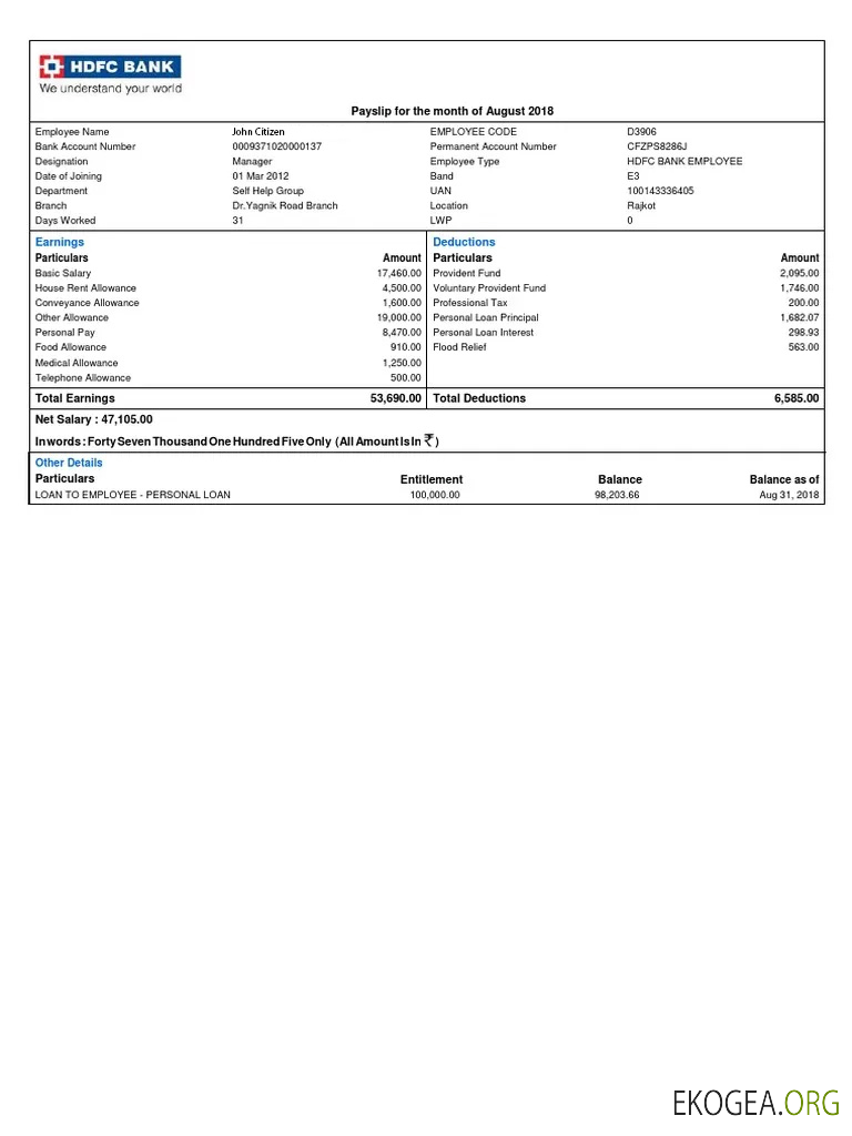 Modèle de fiche de paie bancaire INDE HDFC aux formats Word et PDF